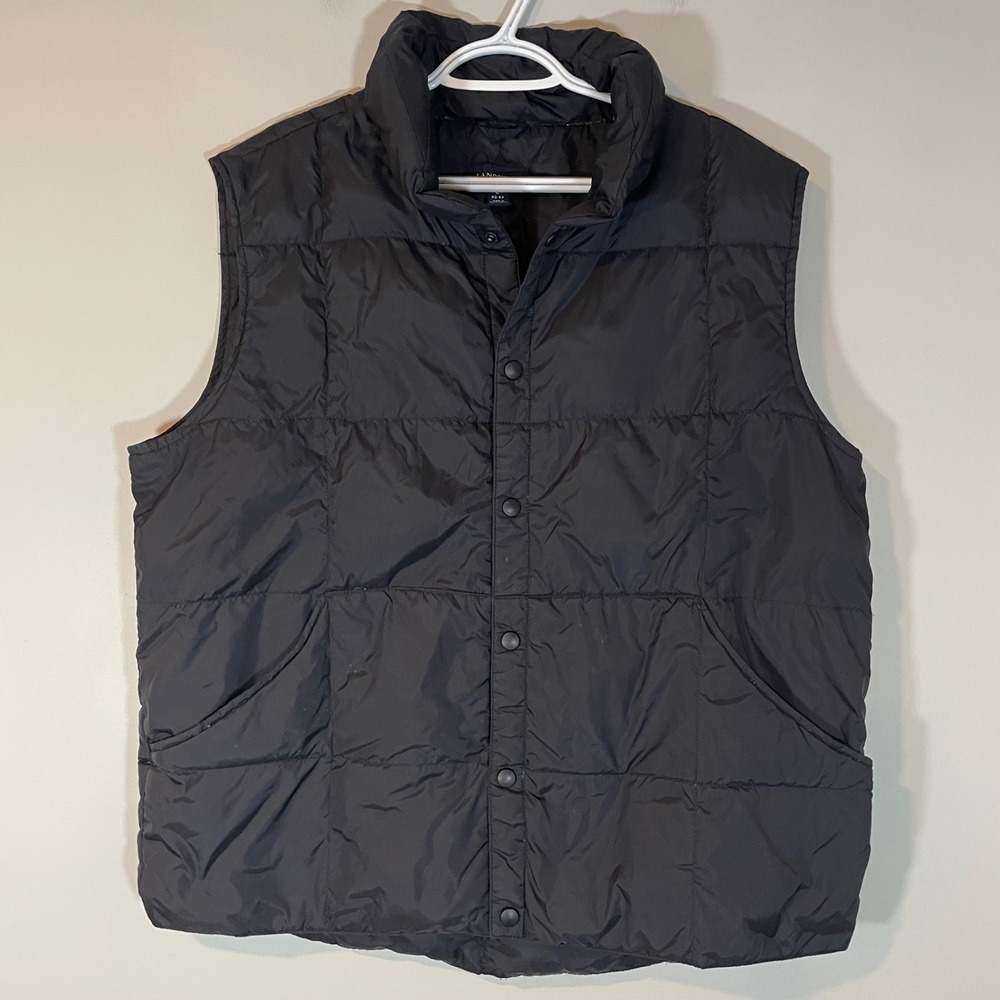 Lands End Mens Black Quilted Goose Down Puffer Vest L Snap Front Packable READ